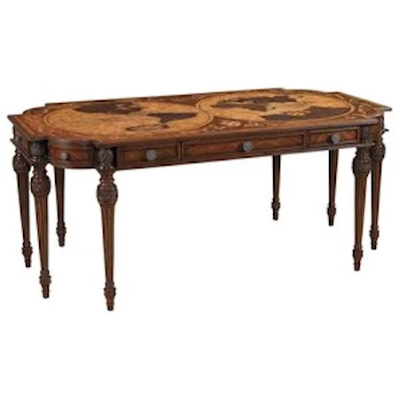 Aged Regency Finish Map Writing Desk with Intricate Inlaid Marquetry Top in Various Veneers